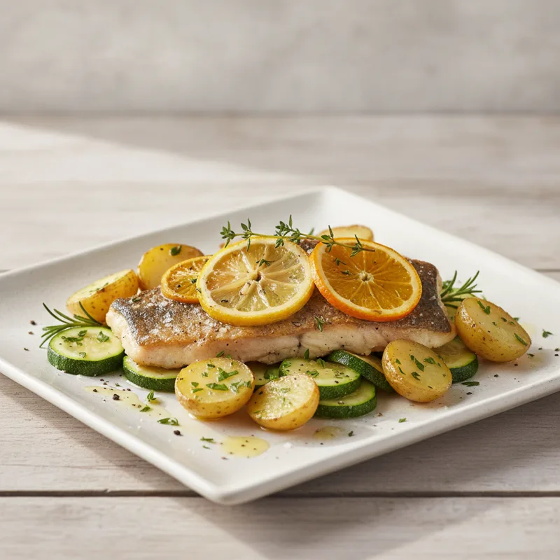 Branzino agli agrumi con patate novelle al rosmarino e zucchine prezzemolate