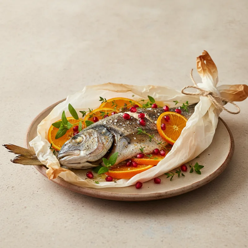 Branzino al cartoccio con agrumi e melograno
