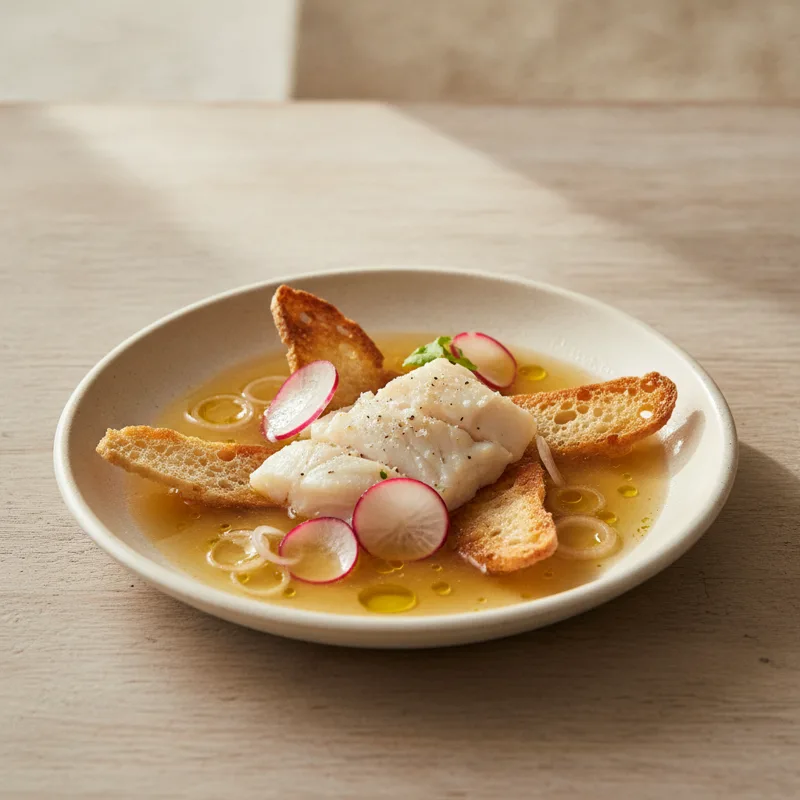 Brodo di prosciutto crudo, merluzzo sfogliato con pane croccante e rapanelli