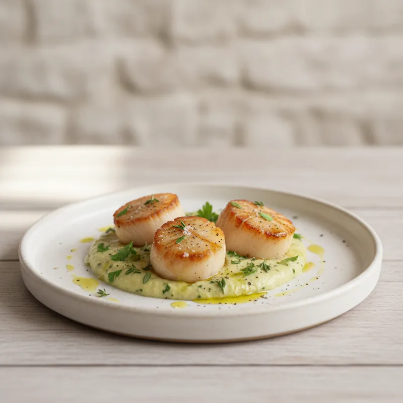 Capesante su crema di carciofi ed erbe aromatiche