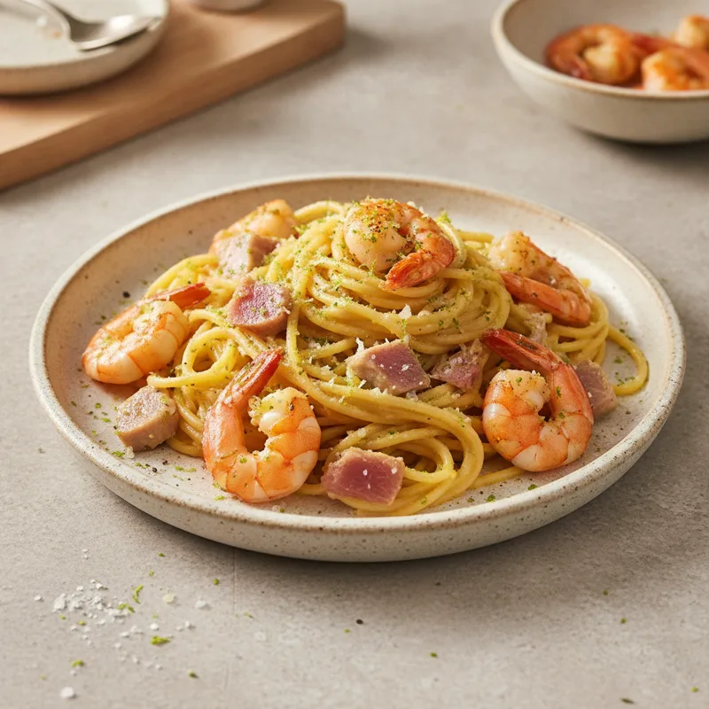 Carbonara di mare con gamberi