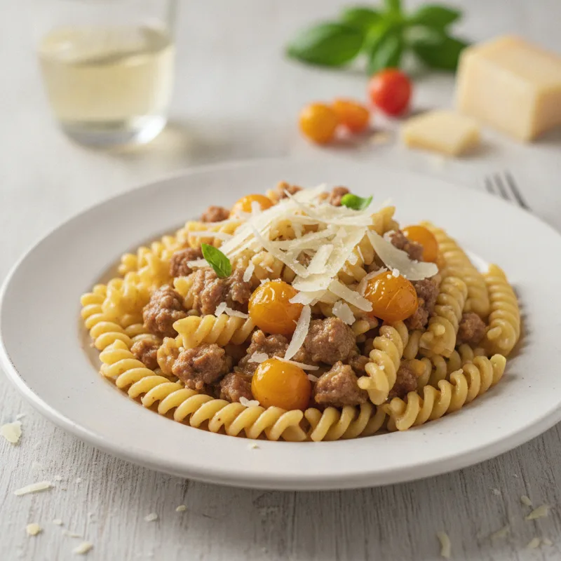 Fusilloni con salsiccia, datterini gialli e provolone