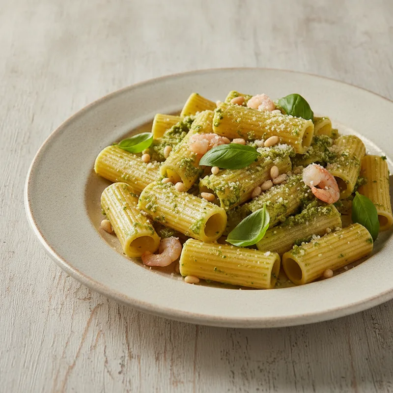 Garganelli con pesto di zucchine e gamberetti