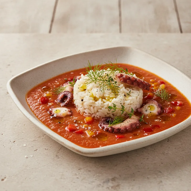 Gazpacho di peperoni con basmati e polpo