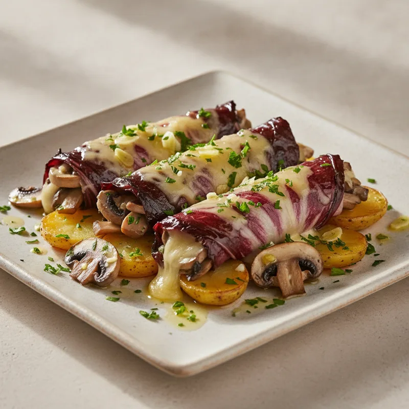 Involtini di radicchio con funghi champignon e Bergkase Superiore
