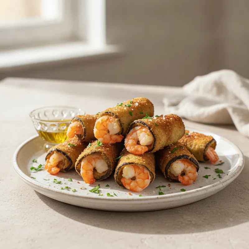 Involtini fritti di melanzane e gamberoni