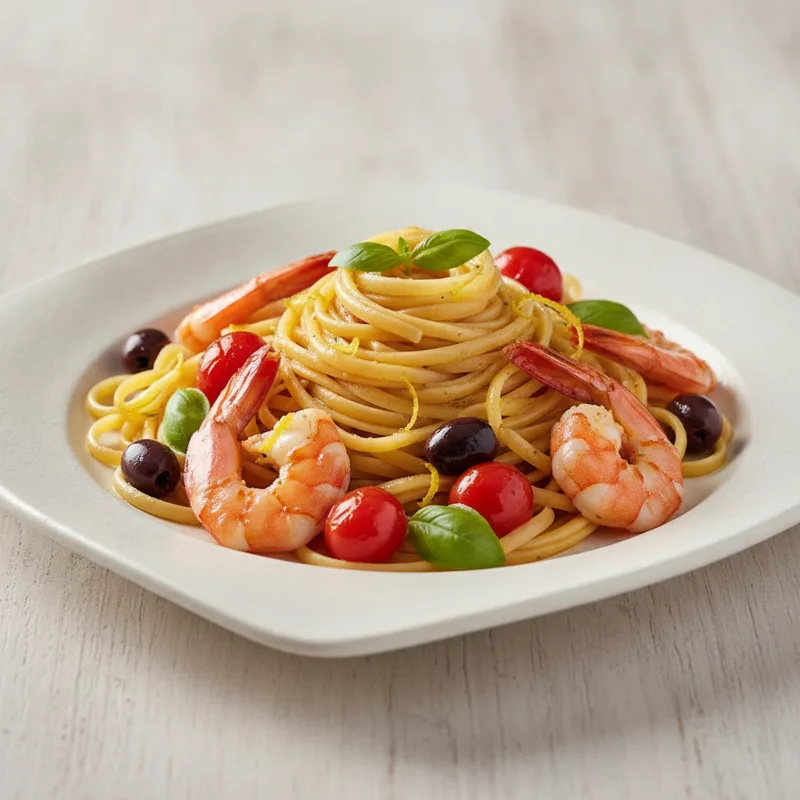 Linguine con gamberoni, pomodorini e limone