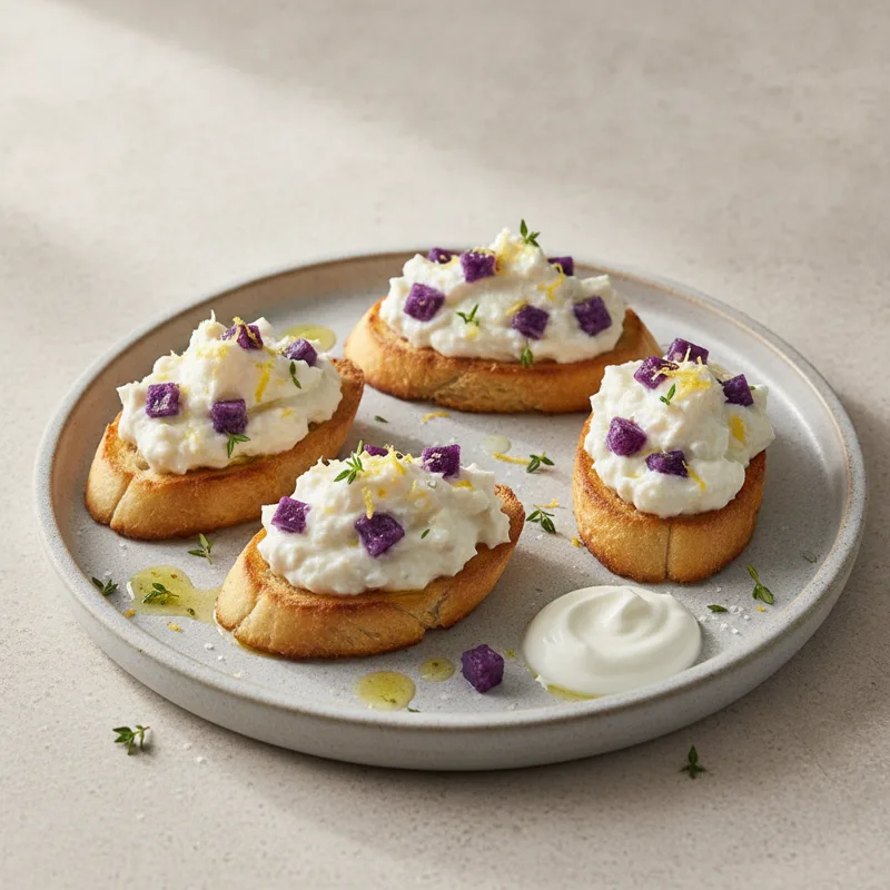 Merluzzo mantecato con yogurt e patate viola