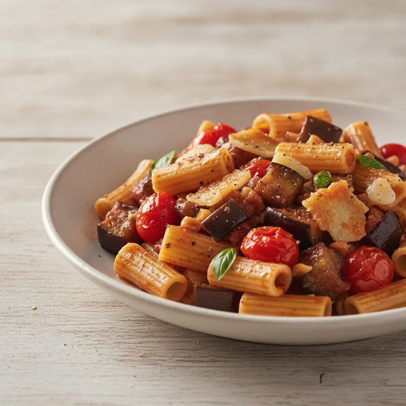 Mezze maniche con melanzane e scamorza affumicata