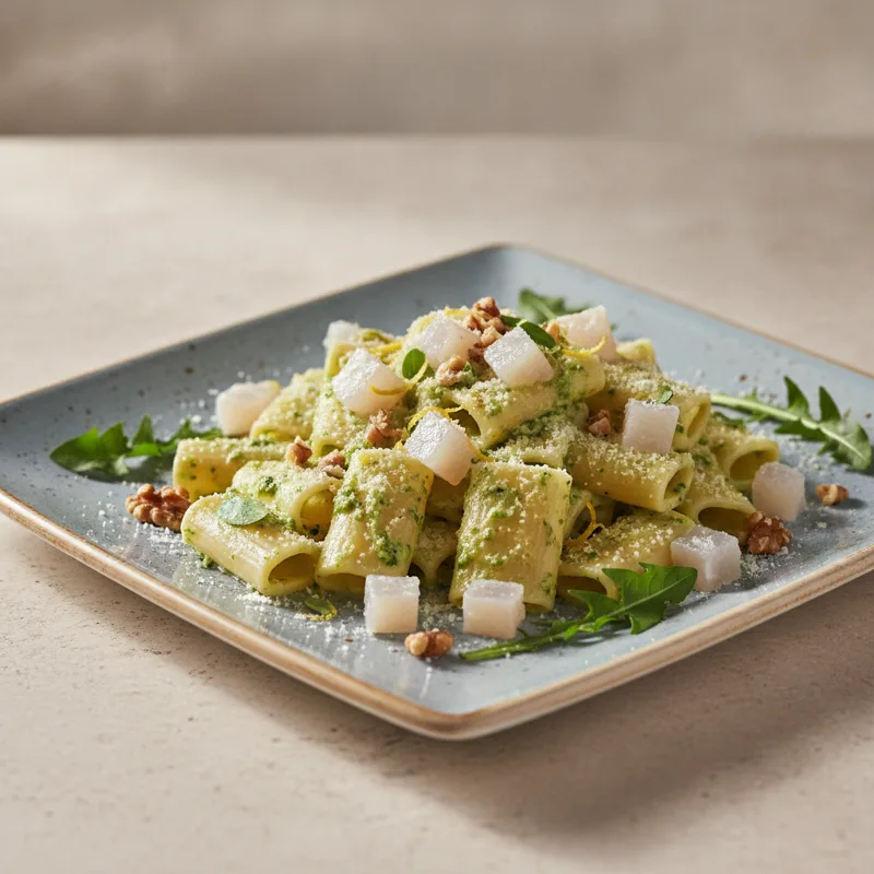 Paccheri alla crema di ricotta e tarassaco con tartare di branzino