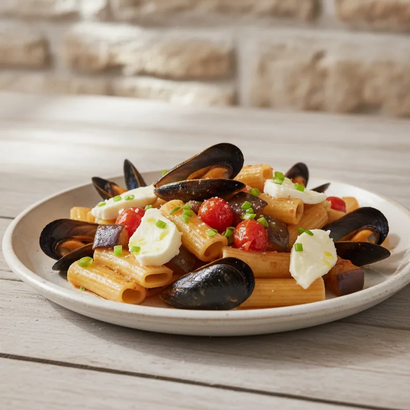 Paccheri con melanzane, cozze e mozzarella di bufala