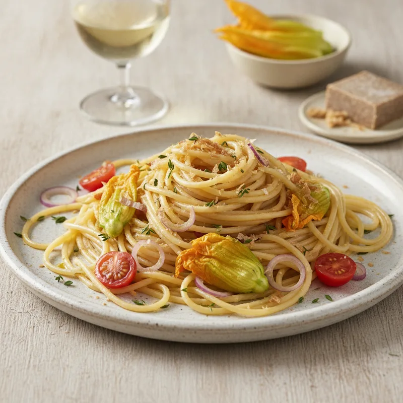 Pasta con fiori di zucca e bottarga