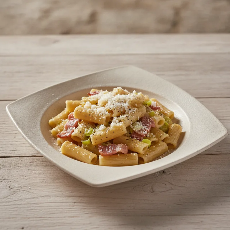 Pasta con porri, pecorino e pancetta