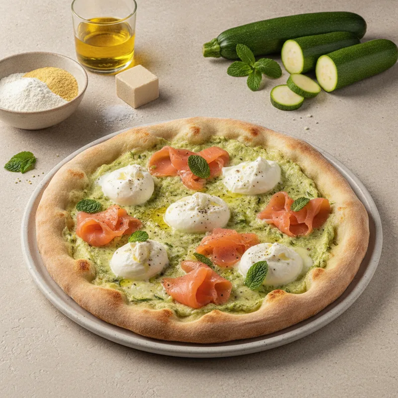 Pizza bianca con crema di zucchine, burrata e salmone affumicato