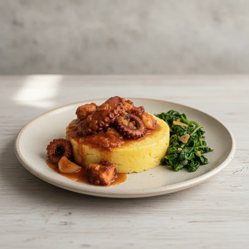 Polenta con polpo in umido ed erbette saltate