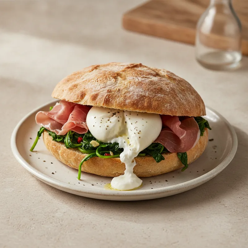 Puccia con crudo, burrata e cime di rapa