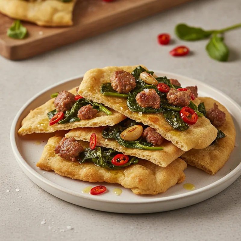 Schiacciate con cime di rapa piccanti e salsiccia