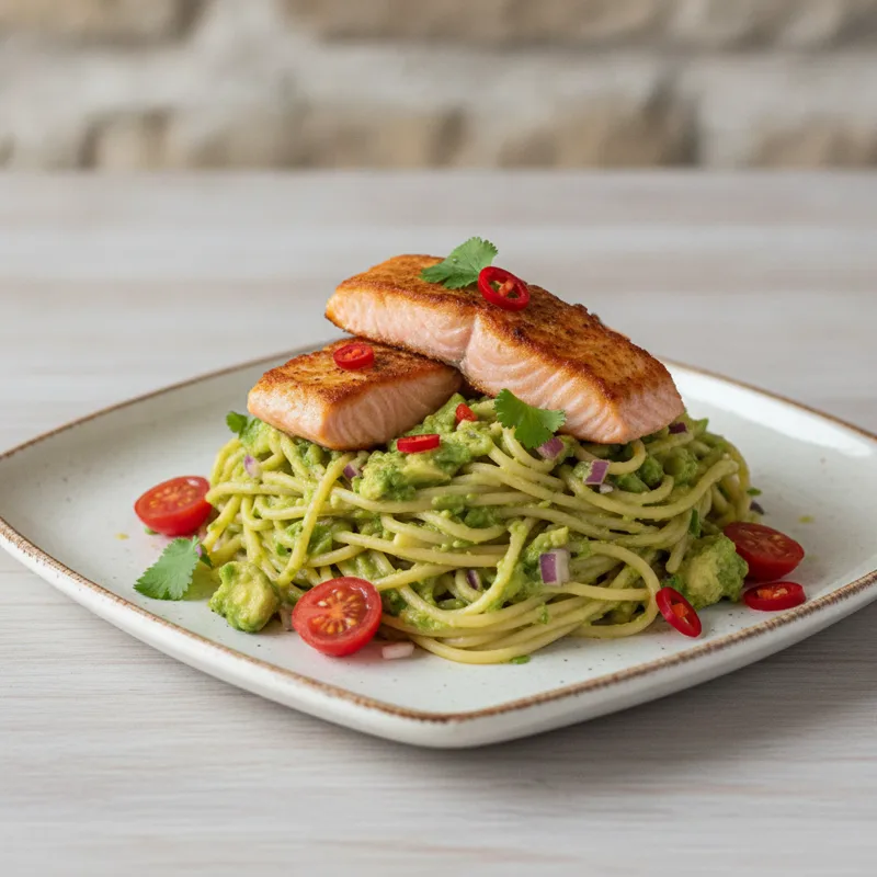 Spaghetti con guacamole e salmone croccante