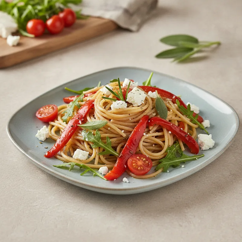 Spaghetti integrali con peperoni rossi, rucola e feta