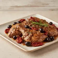 Coniglio in umido con olive e pomodori secchi