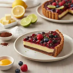 Crostata al cacao curd di agrumi e coulis di frutti di bosco