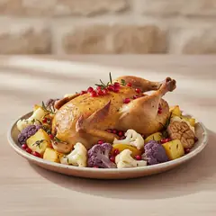 Faraona al forno con patate, cavolfiore e melagrana