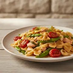 Farfalle al salmone, taccole e pomodorini confit con pesto di rucola