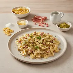 Farfalle con crema di parmigiano, speck e pistacchi