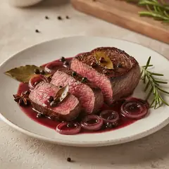 Filetto alla piastra in salsa aromatizzata di vino rosso