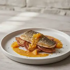 Filetto di branzino con finocchi caramellati e salsa all'arancia