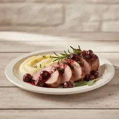 Filetto di maiale alle amarene con crema di patate