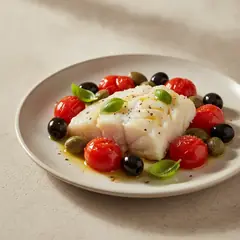 Filetto di merluzzo al vapore con pomodori e cucunci