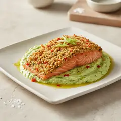 Filetto di salmone con crosta croccante su vellutata di zucchine e menta