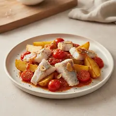 Fiori di eglefino con pomodori e patate