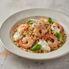 Fregola con gamberi, stracciatella e liquirizia