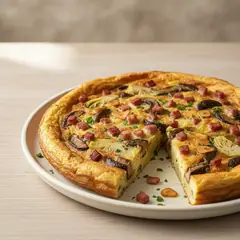 Frittata di carciofi, funghi e pancetta affumicata