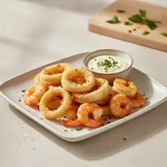 Fritto misto di calamari e gamberi con salsa di maionese e yogurt