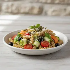 Fusilli integrali alla crudaiola con verdure, semi di zucca e ricotta salata