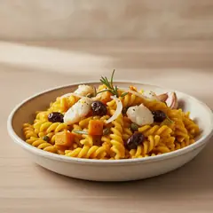 Fusilloni con crema di zucca, baccalà e olive