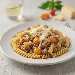 Fusilloni con salsiccia, datterini gialli e provolone