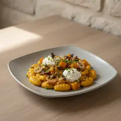 Gnocchetti con crema di zucca, funghi e ricotta