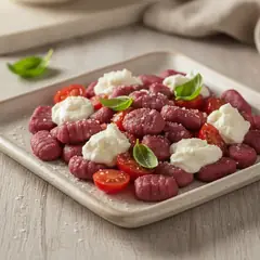Gnocchetti di barbabietola con pomodorini e stracciatella
