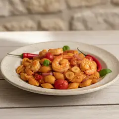 Gnocchetti sardi con crema di peperoni, pomodorini e gamberi