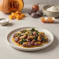 Gnocchi di patate viola con crema di zucca e cavolo nero