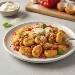 Gnocchi di ricotta con crema di peperoni e salsiccia