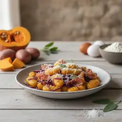 Gnocchi di zucca con Grana Padano, cavolo rosso e speck