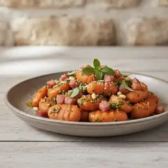 Gnocchi rossi al pesto di maggiorana e pancetta