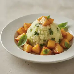 Granita al limone e basilico con pesche caramellate