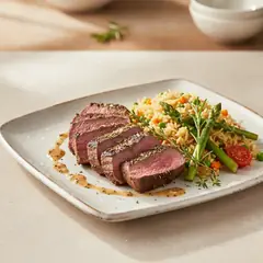 Grilled beef speziato con riso pilaf e verdure primaverili