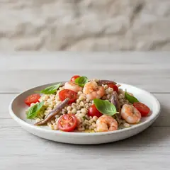 Insalata d'orzo con acciughe, gamberetti e pomodorini